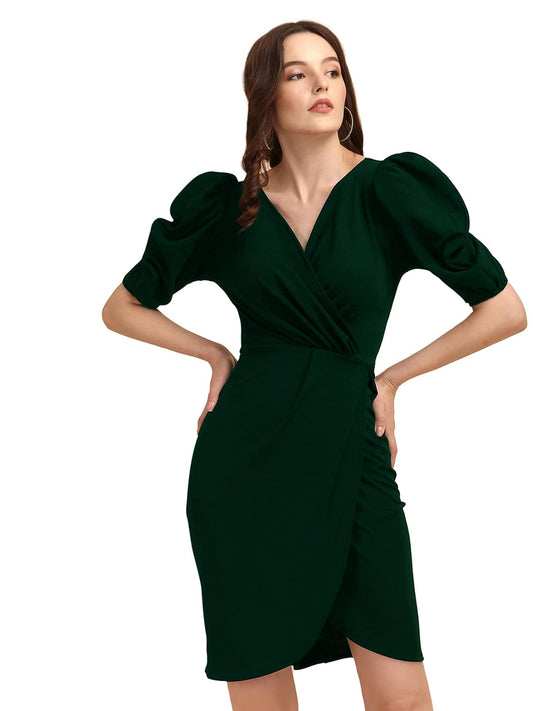 Sheetal Associates Women's Puff Sleeve V-Neck Bodycon Casual Mini Western Dress | Western dress for Women