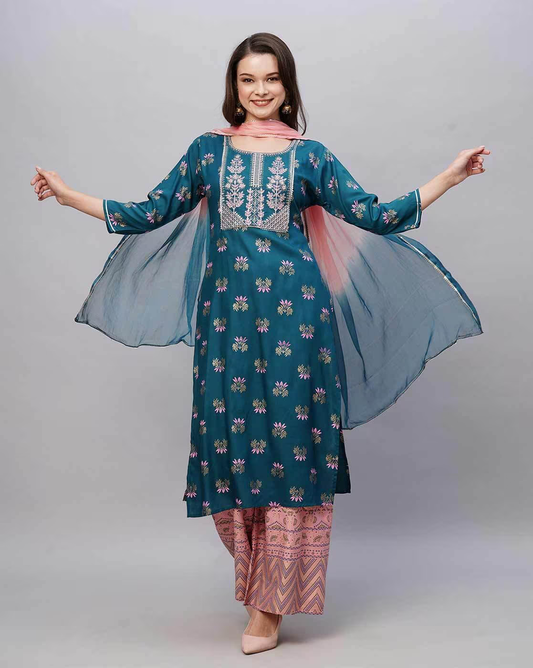 Floral Print Straight Ethnic Kurta with Palazzos & Dupatta | Ethnic wear for Women | Kurta set for Women 
