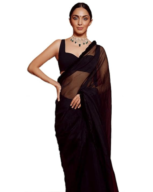 Sidhidata Women's Plain Georgette Saree With Unstitched Blouse Piece (Kiara Advani Black Saree)| Ethnic look | Saree for Women