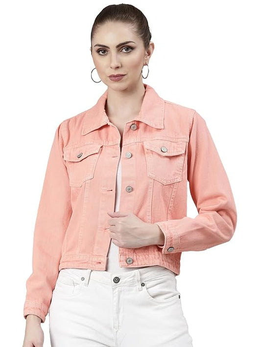SHOWOFF Women's Spread Collar Peach Solid Denim Jacket - Peach | Jacket for Women