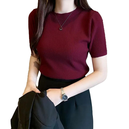 Style Can Plain Maroon Round Neck Rib Knit Regular Top for Women | Crop top for Women